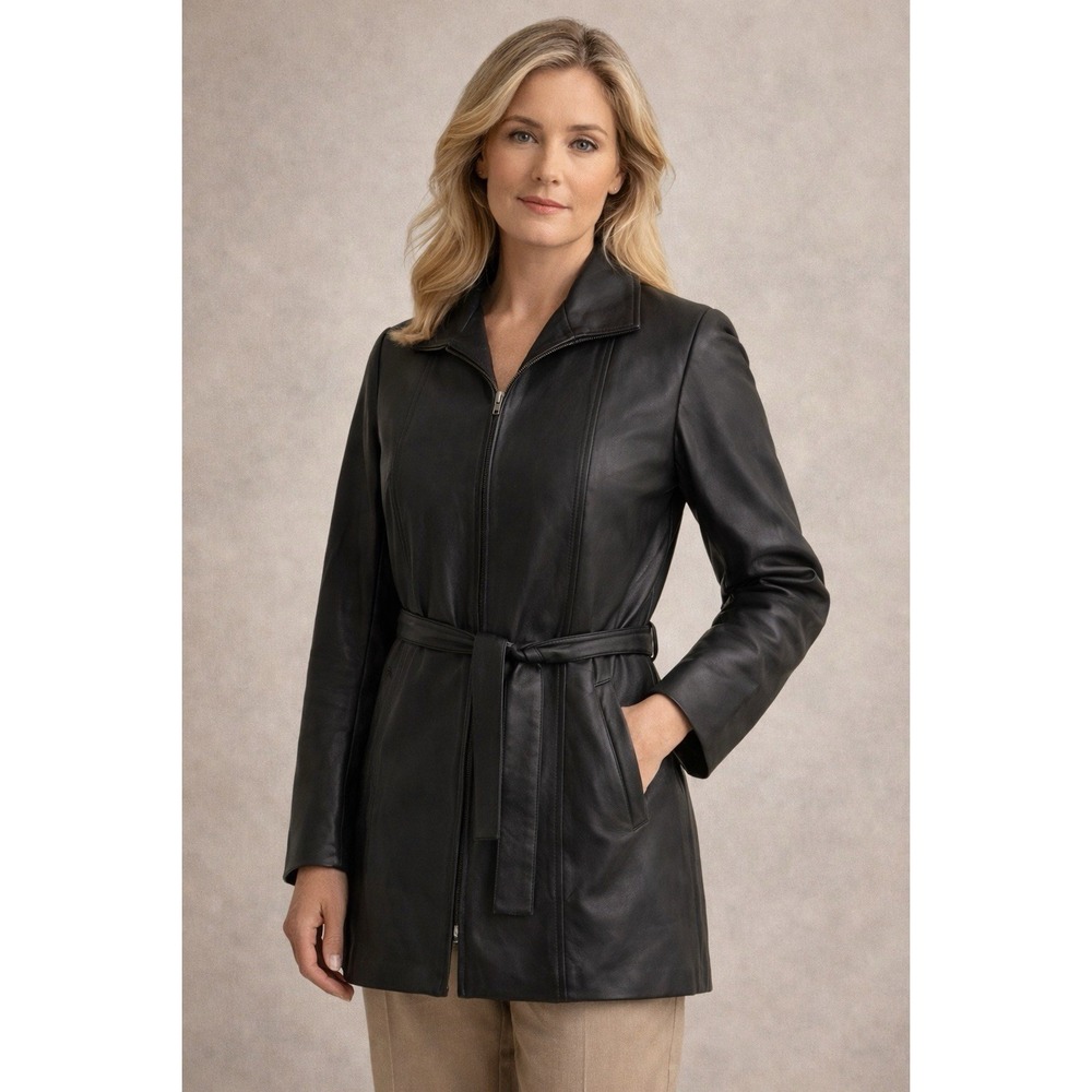 Jones New York Black Leather Coat Lined Belted Zip Minimalist Modern Chic
